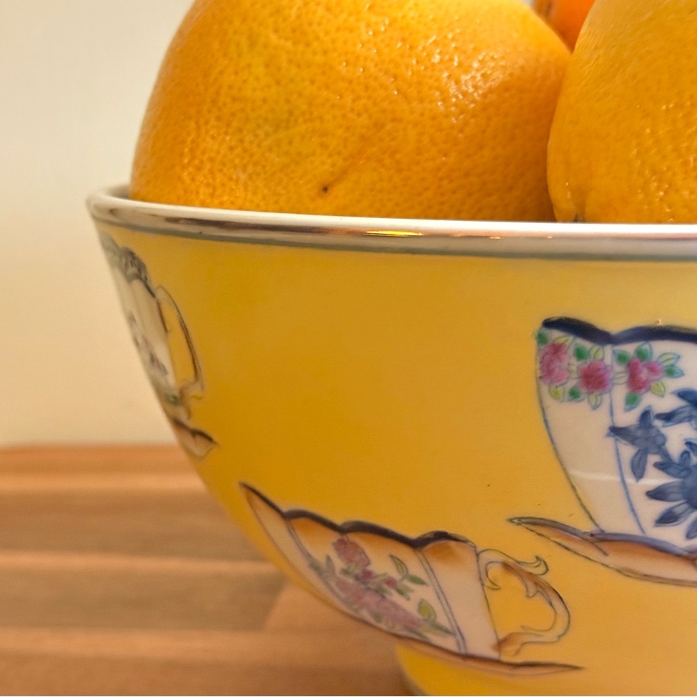 Vintage Chinese Pale Yellow Hand Painted Teacup Bowl, 10” - Picture 9 of 10